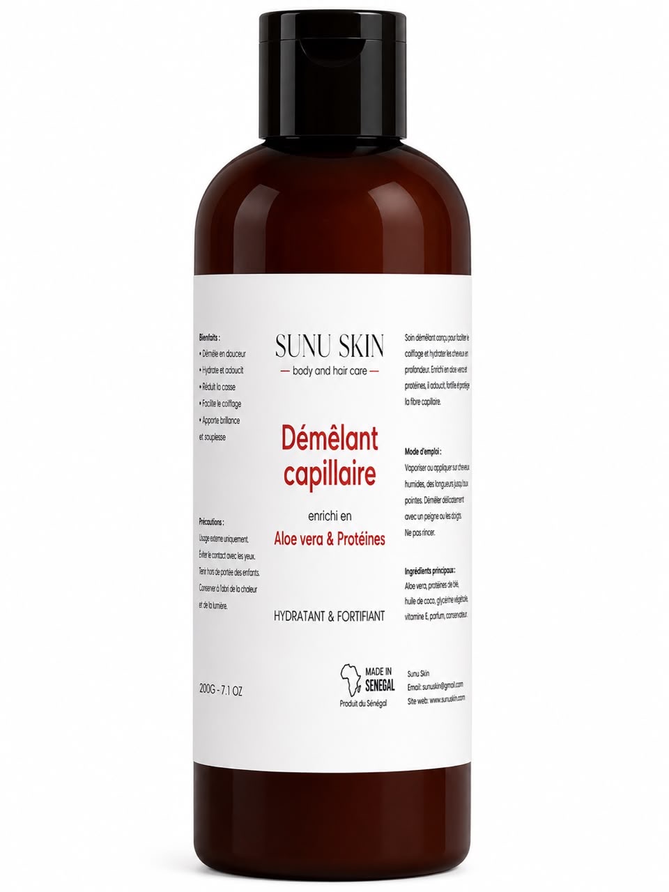 Flacon ambré du démêlant capillaire Sunu Skin Aloe vera et Protéines