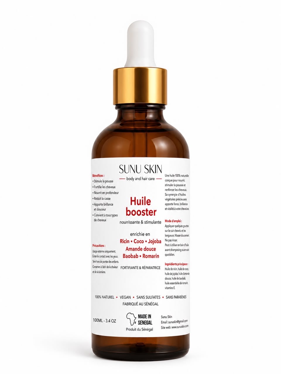 Flacon compte-gouttes ambré de l’huile capillaire Huile booster Sunu Skin