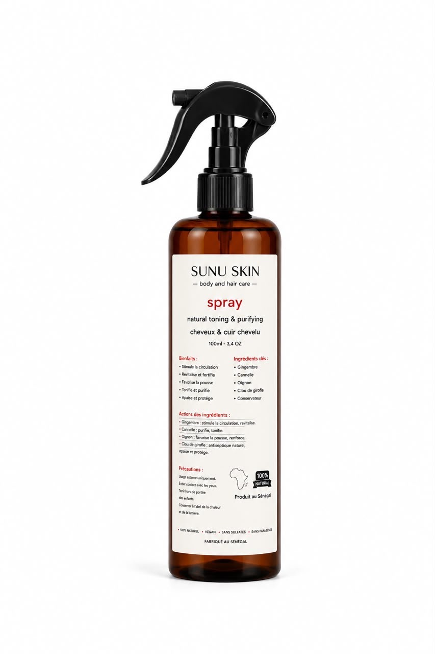 Flacon spray ambré Sunu Skin pour cheveux et cuir chevelu